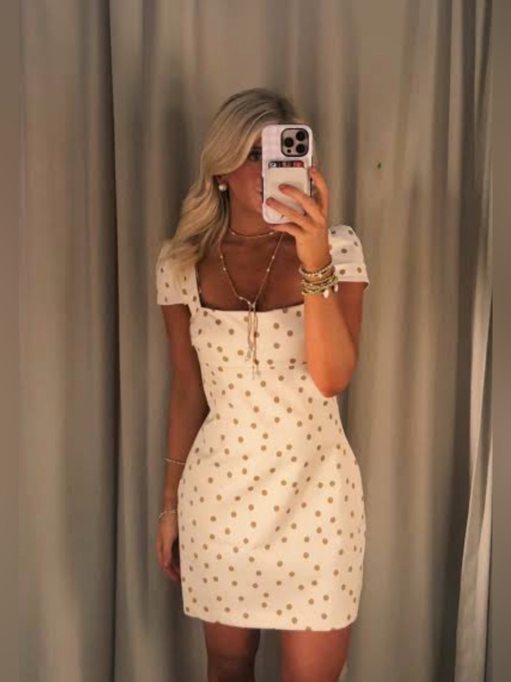 Zara Cream Mini Dress with Gold Polka Dots